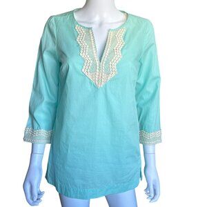 NYDJ Tunic Top White Crochet Trim 3/4 Sleeves Side Zipper Womens Size XS NWT